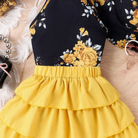 Girls Yellow Floral Print Halter Neck Top With Layered Skirt & Hat Set Sets   
