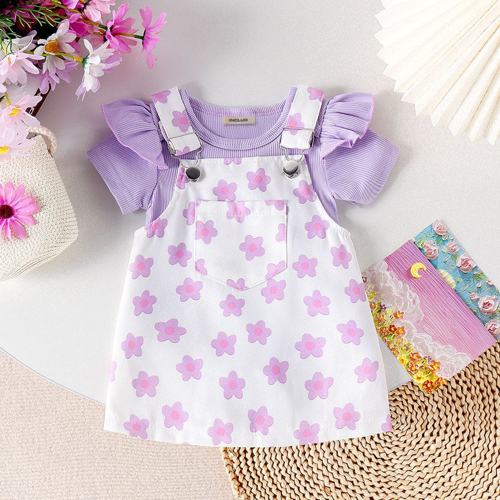 Girls Purple Knitted T-Shirt With Floral Print Pinafore Dress Casual Dresses   