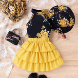Girls Yellow Floral Print Halter Neck Top With Layered Skirt & Hat Set