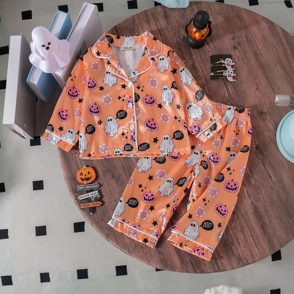 Girls Printed Orange Sleepwear Long Sleeve Shirt With Pajama Set Sets   