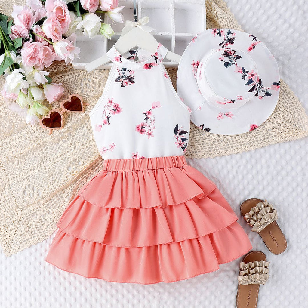 Girls Pink Floral Print Halter Neck Top With Layered Skirt & Hat Set Sets Pink 4-5 Y 