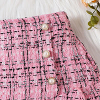 Girls Pink Long Sleeves Top With Checked Skirt & Hat Set Sets   