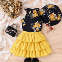 Girls Yellow Floral Print Halter Neck Top With Layered Skirt & Hat Set Sets   