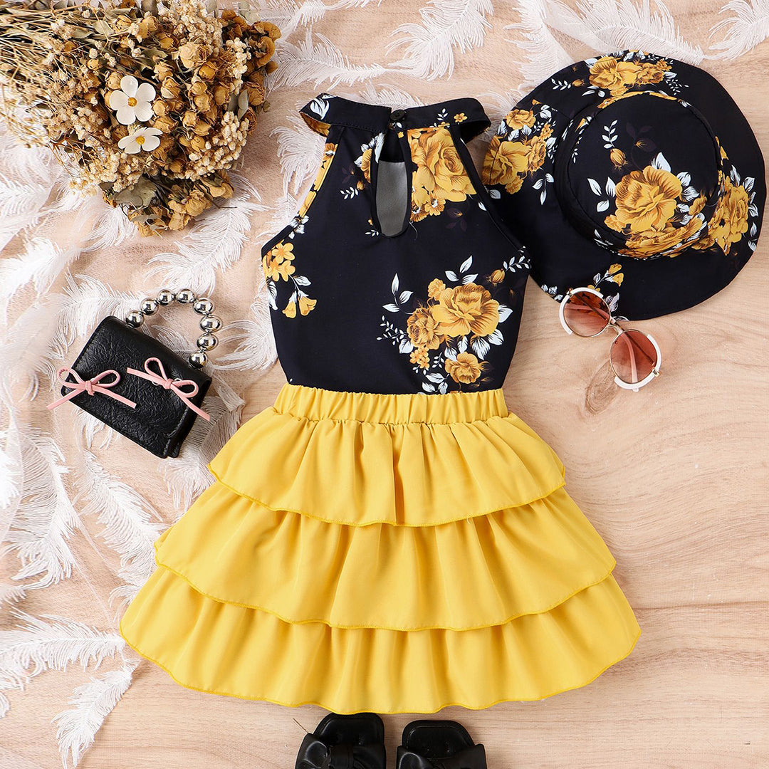 Girls Yellow Floral Print Halter Neck Top With Layered Skirt & Hat Set Sets   
