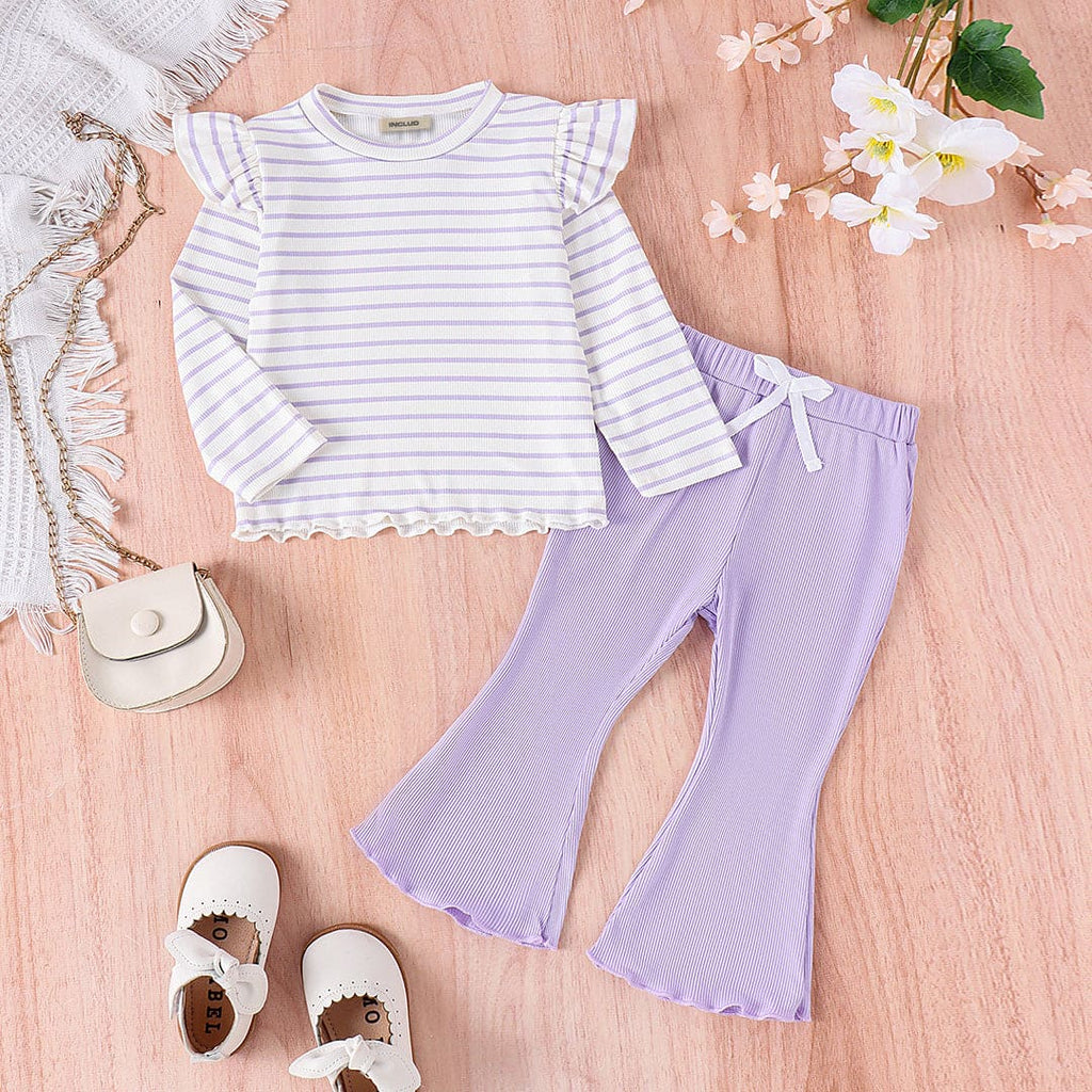 Girls Long Sleeve Purple Striped T-Shirt With Flared Pants Set Sets Purple 1-2 Y 