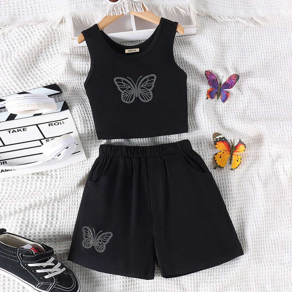 Girls Black Butterfly Sleeveless Top With Shorts Set Sets Black 8-9 Y 