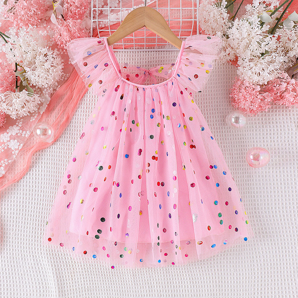 Girls A-line Mesh Polka Dot Partywear Dress Party Dresses Pink 1-2 Y 