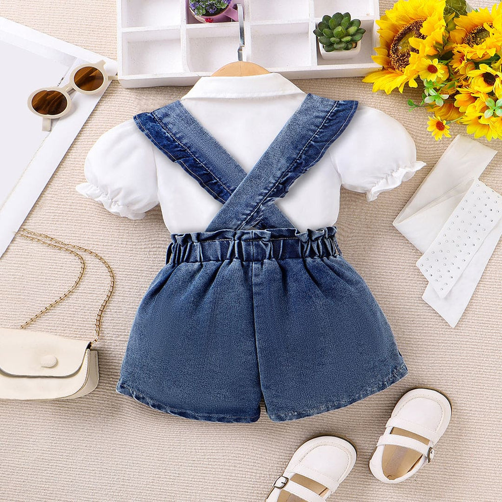 Girls Blue Puff Sleeves Top With Suspender Shorts Set Sets Blue 4-5 Y 