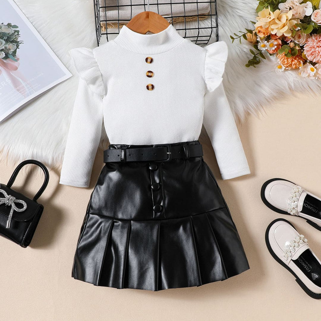 Girls White High Neck Top With Faux Leather Skirt Set