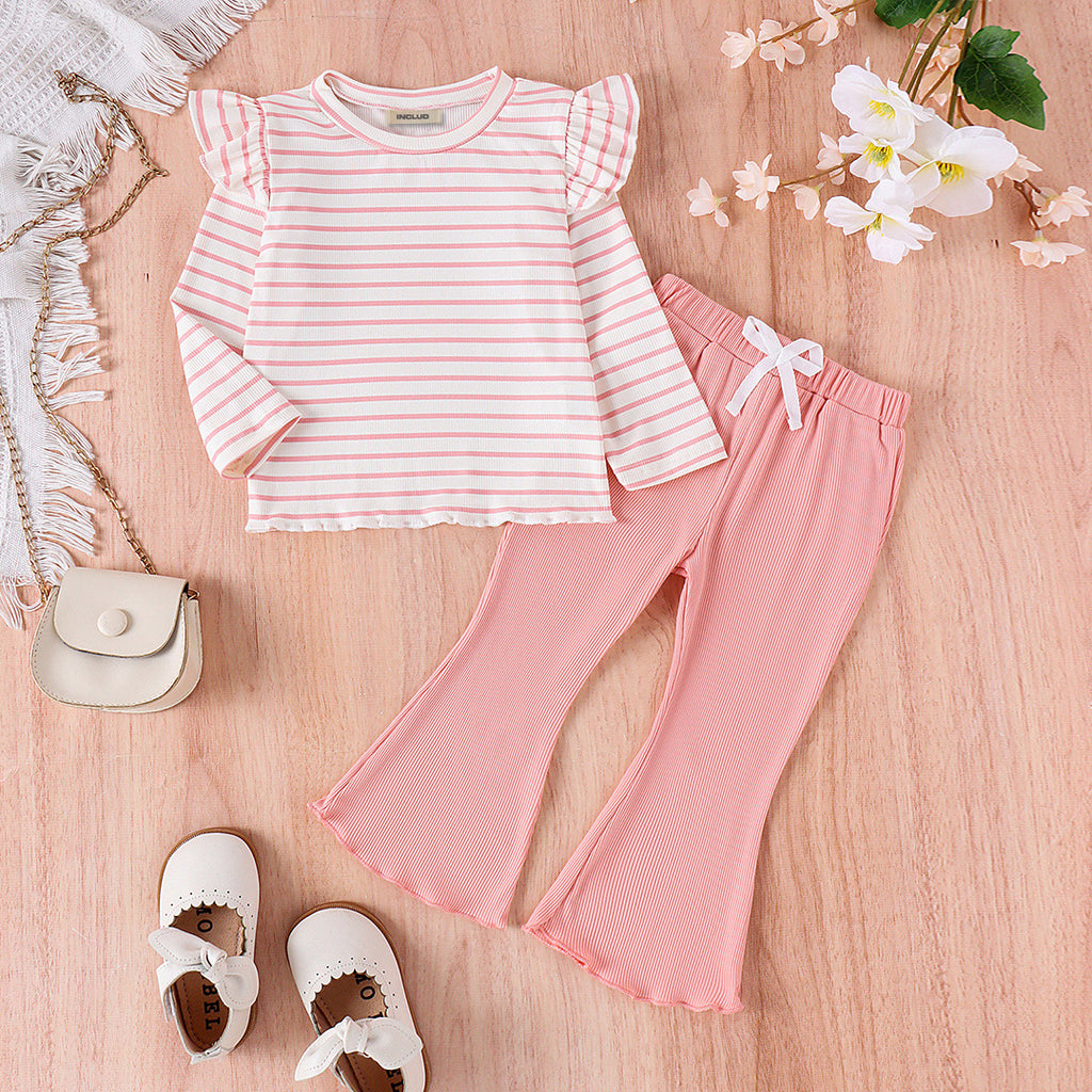 Girls Long Sleeve Pink Striped T-Shirt With Flared Pants Set Sets Pink 1-2 Y 