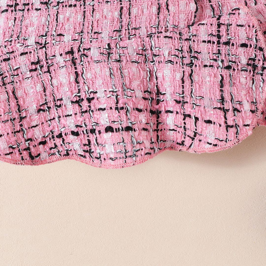 Girls Pink Long Sleeves Top With Checked Skirt & Hat Set Sets   