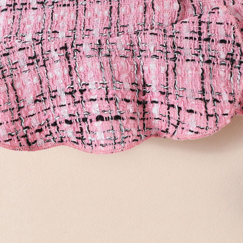 Girls Pink Long Sleeves Top With Checked Skirt & Hat Set Sets   