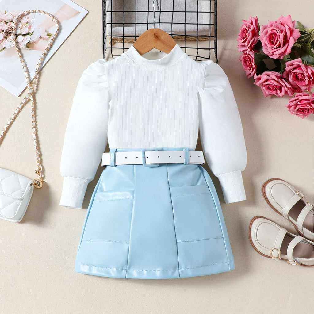 Girls Blue Rib Sleeves High Neck Top With PU Leather Skirt Set Sets Blue 1-2 Y 