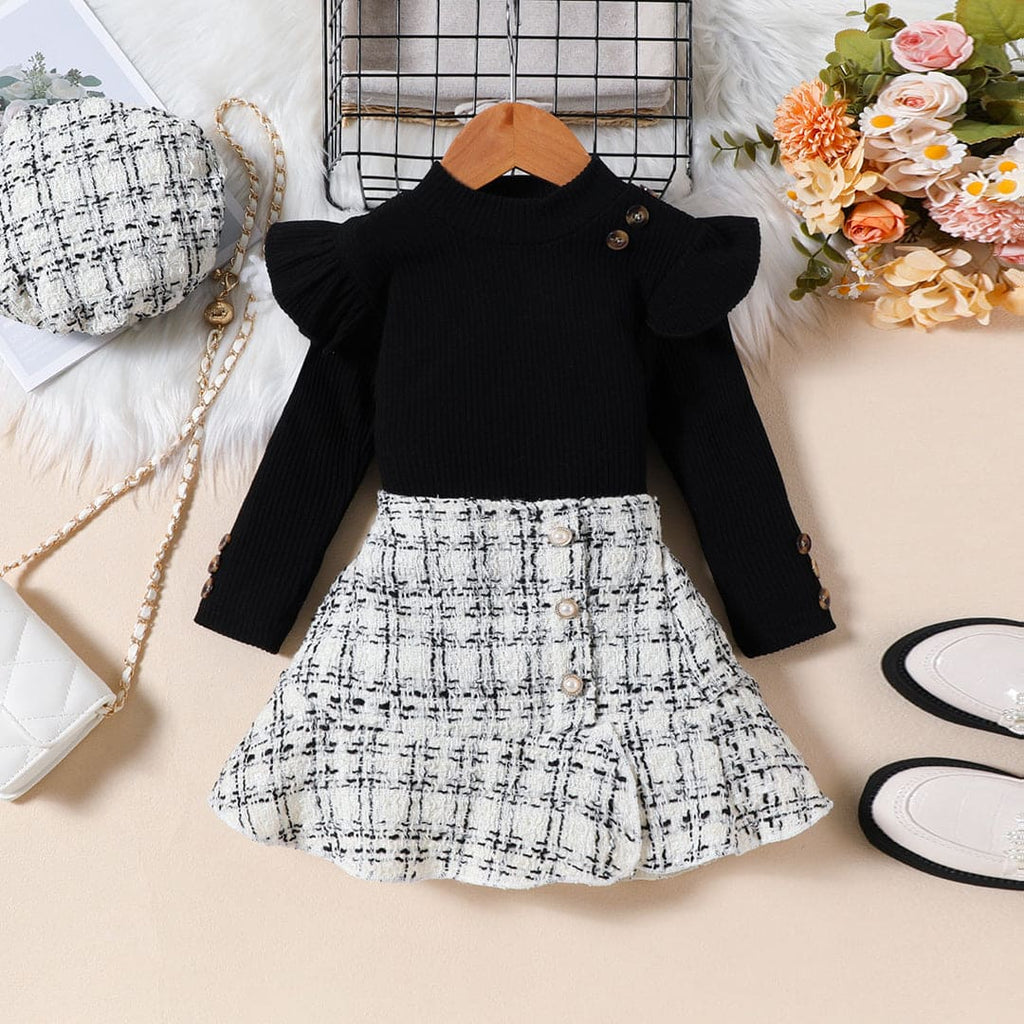 Girls Black Long Sleeves Top With Checked Skirt & Hat Set Sets Black 1-2 Y 