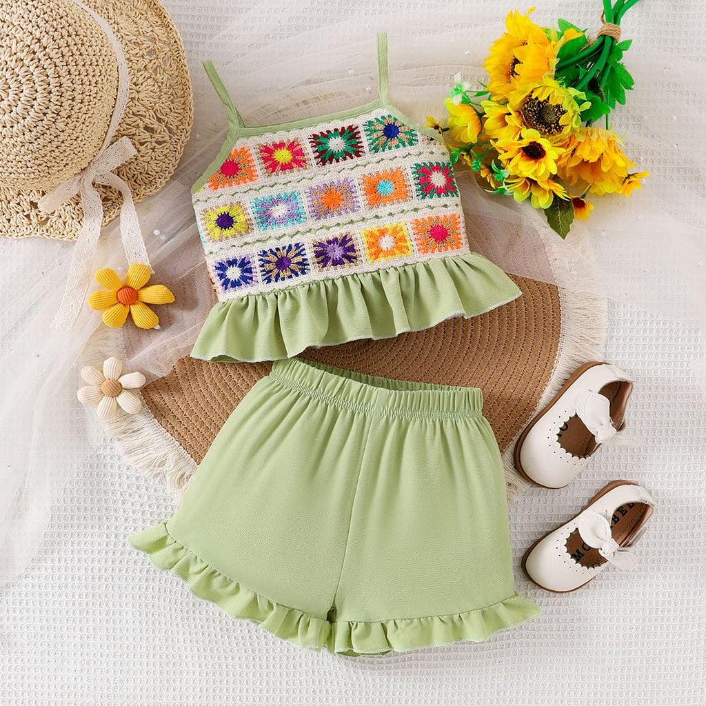 Girls Green Multicolor Crochet Top With Shorts Set Sets Green 3-4 Y 