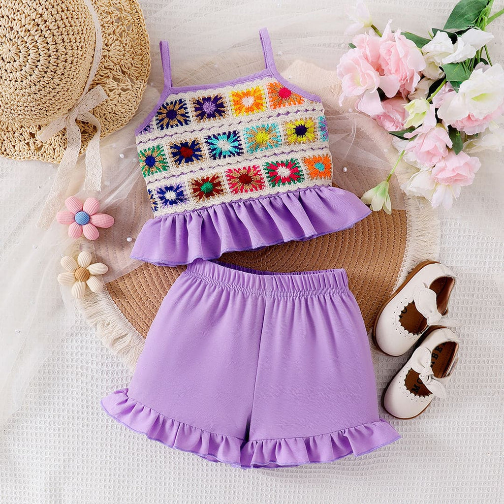 Girls Purple Multicolor Crochet Top With Shorts Set Sets Purple 3-4 Y 