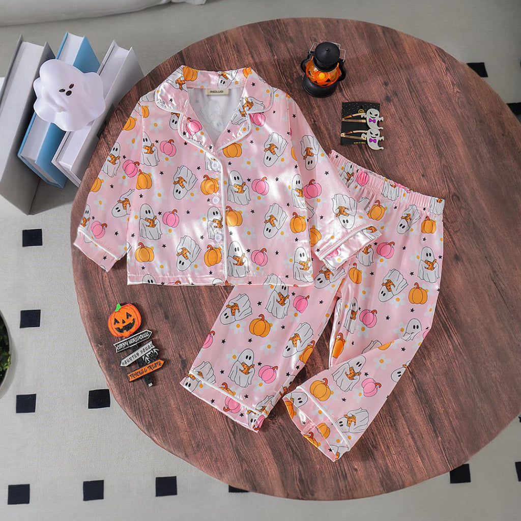 Girls Printed Pink Sleepwear Long Sleeve Shirt With Pajama Set Sets Pink 1-2 Y 