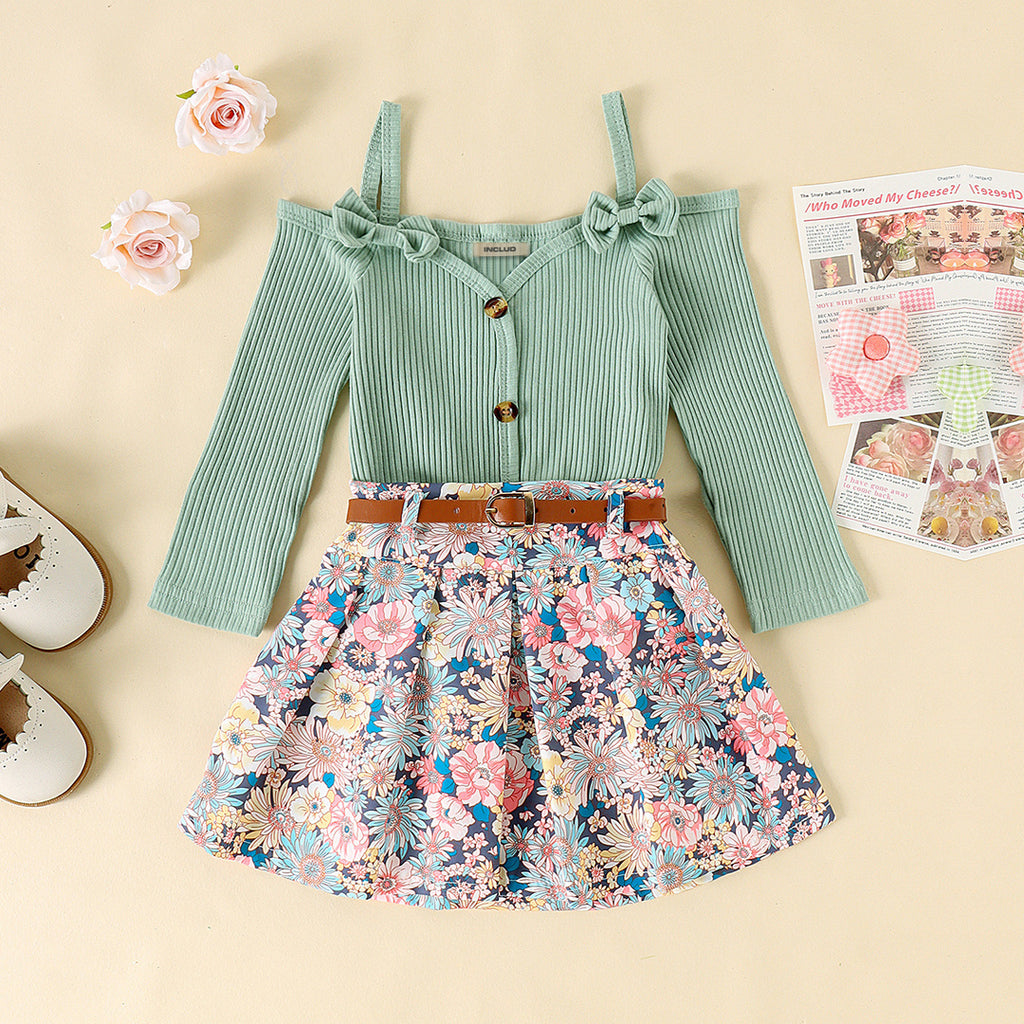 Girls Green Long Sleeve Knitted Top With Floral Print Skirt & Belt Set Sets Green 1-2 Y 