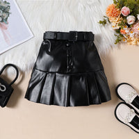 Girls White High Neck Top With Faux Leather Skirt Set Sets   
