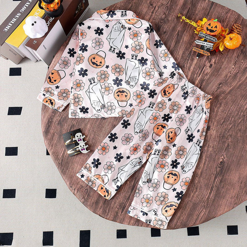 Girls Printed White Sleepwear Long Sleeve Shirt With Pajama Set Sets   
