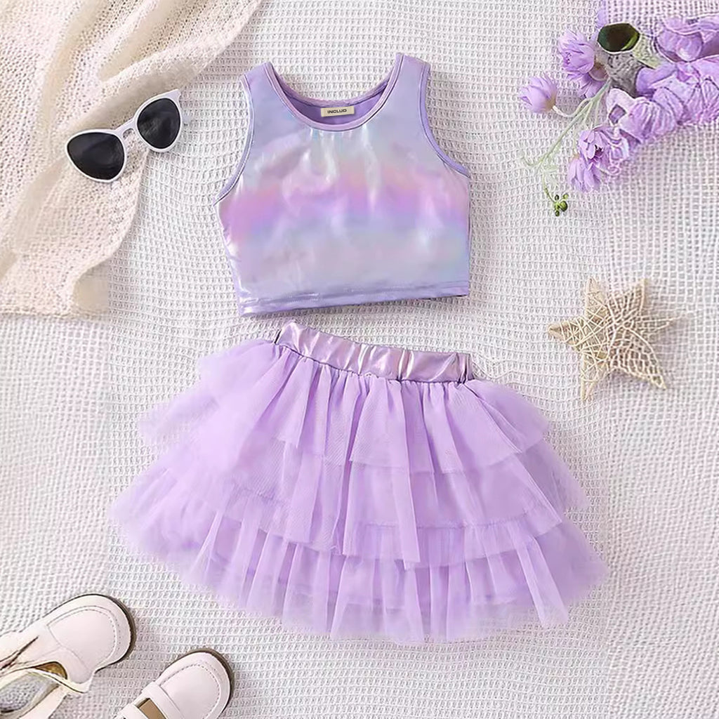 Girls PU Leather Sleeveless Crop Top With Layered Skirt Set Sets Purple 4-5 Y 