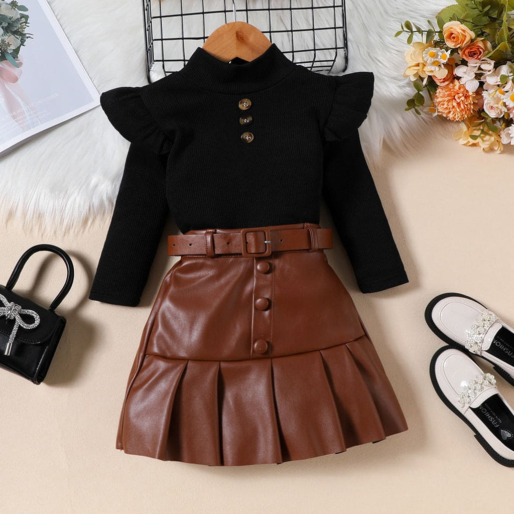 Girls Brown High Neck Top With Faux Leather Skirt Set Sets Brown 1-2 Y 