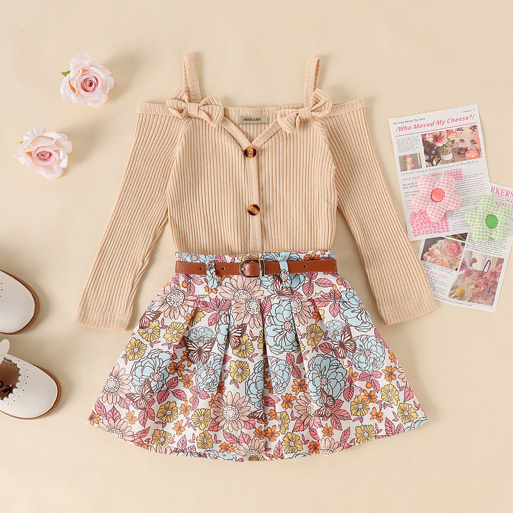 Girls Apricot Long Sleeve Knitted Top With Floral Print Skirt & Belt Set Sets Apricot 1-2 Y 