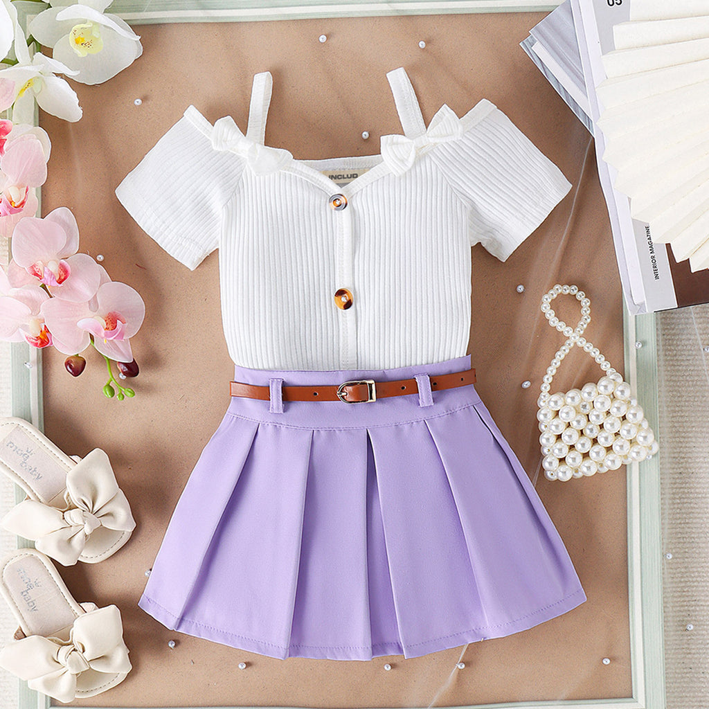 Girls Purple Short Sleeve Top With Pleated Skirt & Belt Set Sets Purple 1-2 Y 