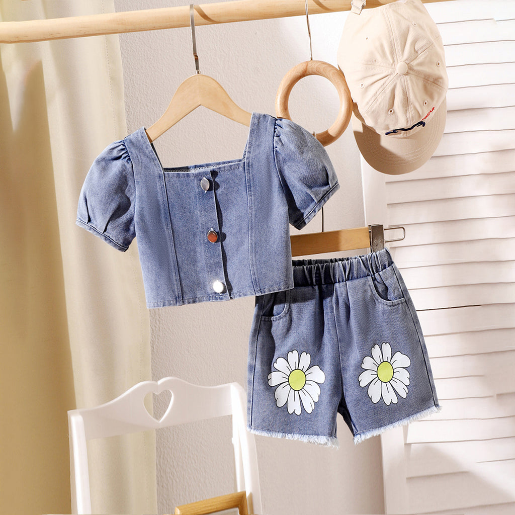 Girls Puff Sleeves Denim Crop Top With Flower Printed Denim Shorts Set Sets Blue 1-2 Y 