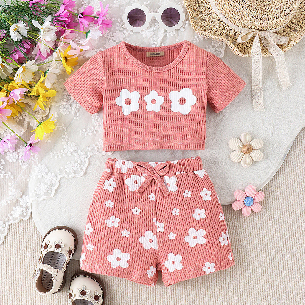 Girls Pink Floral Print Crop Top With Printed Shorts Set Sets Pink 1-2 Y 