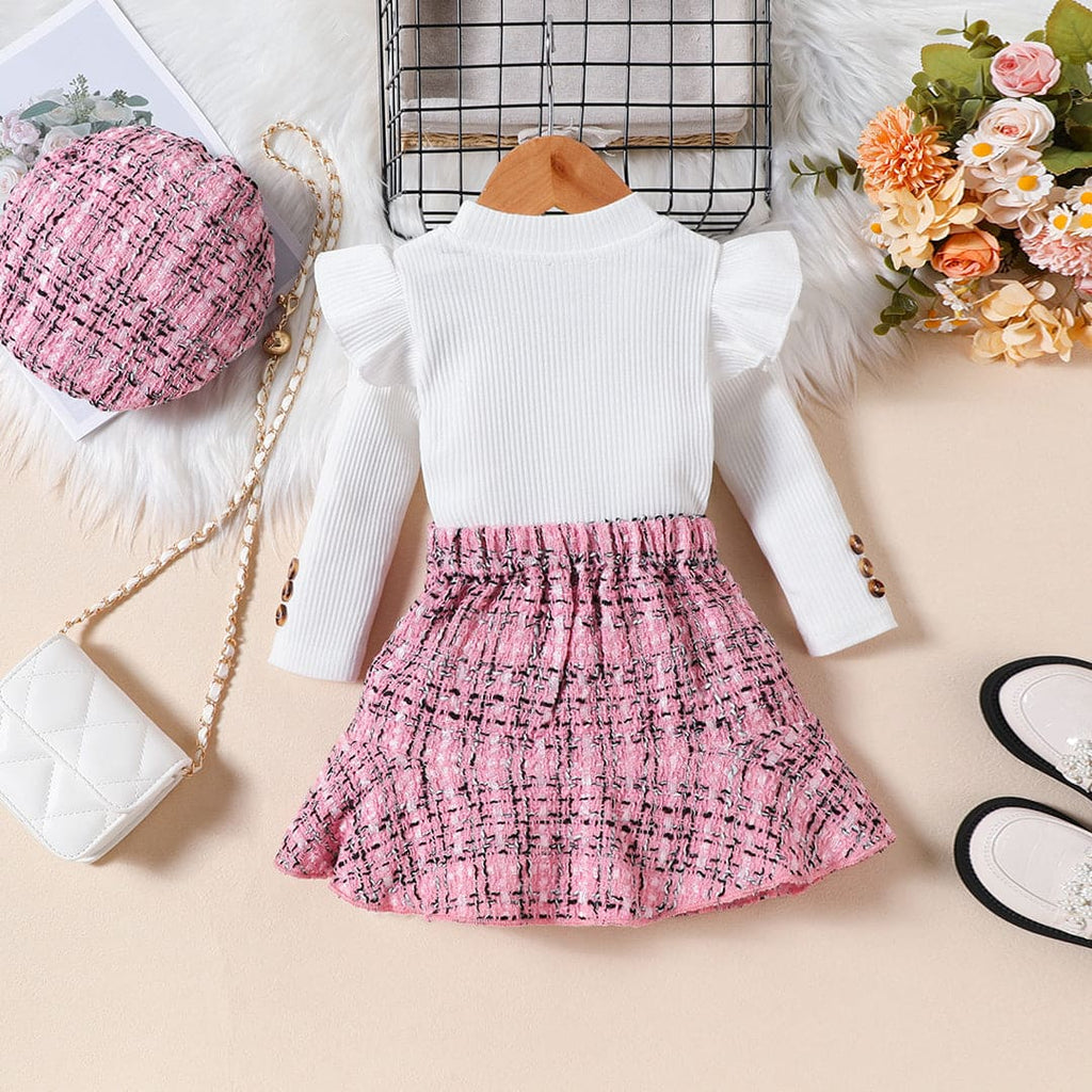 Girls Pink Long Sleeves Top With Checked Skirt & Hat Set Sets Pink 1-2 Y 