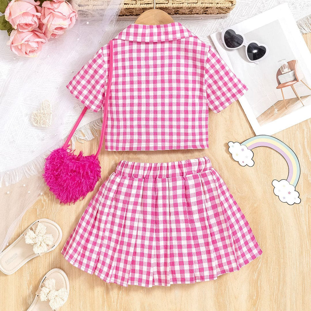 Girls Pink Faux Fur Camisole With Gingham Check Shirt & Skirt Set With Bag Sets Pink 1-2 Y 