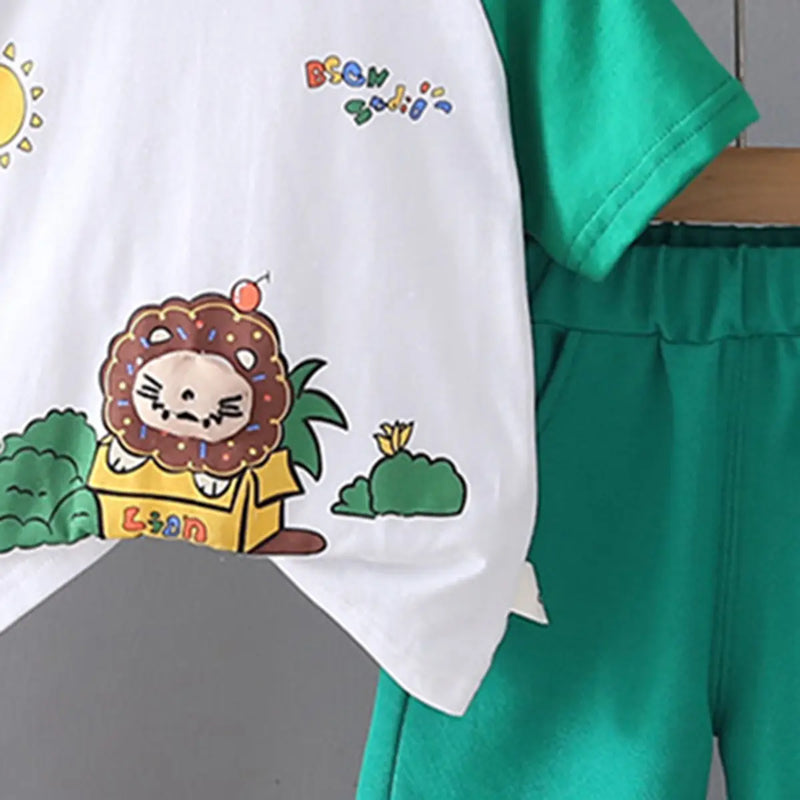Boys Green Lion Graphic Raglan Sleeves T-Shirt With Elasticated Shorts Sets 2 pc. Sets
