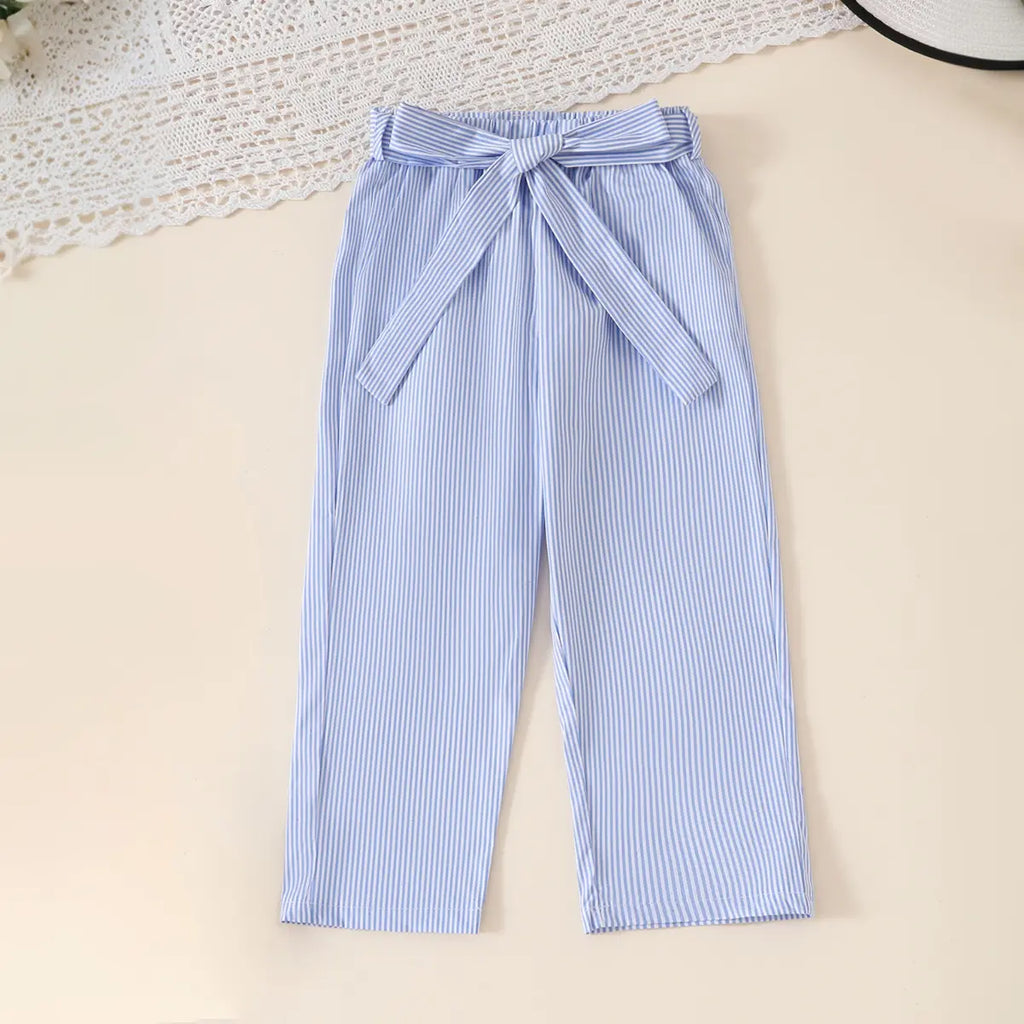 Girls Light Blue Stripes Sleeveless Crop Top With Pants Co-ord Sets Sets