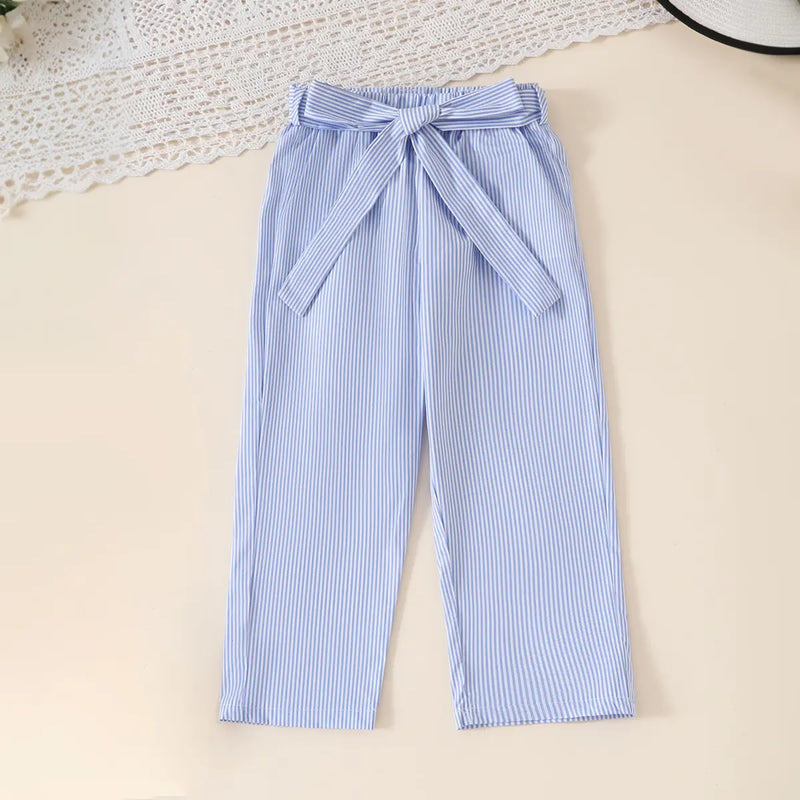 Girls Light Blue Stripes Sleeveless Crop Top With Pants Co-ord Sets Sets