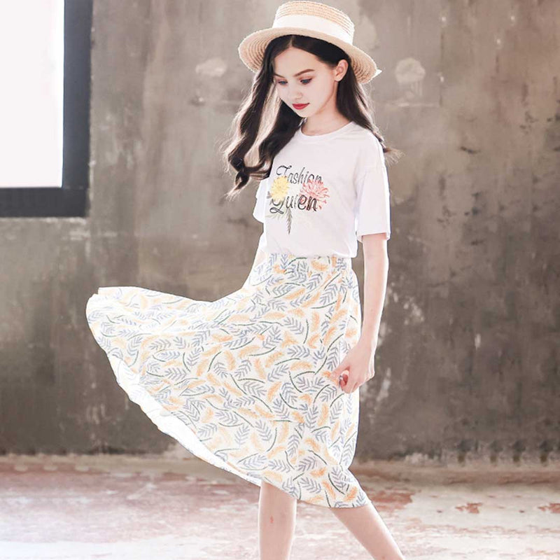 Girls Fashion Queen Print T-Shirt With Leaf Printed Skirts Set 2 pc. Sets   