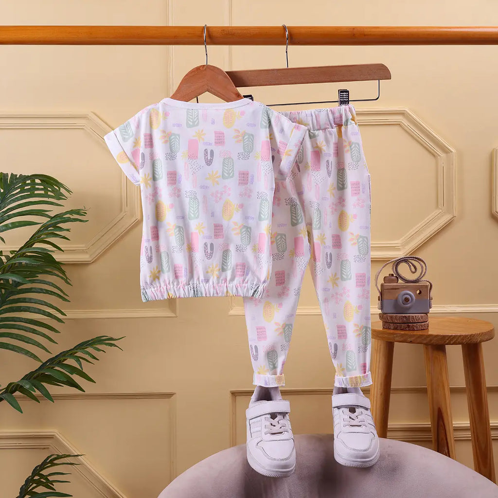 Girls White Allover Tropical Printed Crop Top With Pants Co-ord Sets Sets
