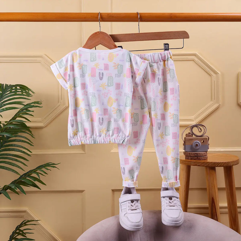 Girls White Allover Tropical Printed Crop Top With Pants Co-ord Sets Sets