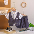 Boys Grey Stripes Attached Front Waistcoat Shirt With Shorts Sets Sets Grey 1-2 Y