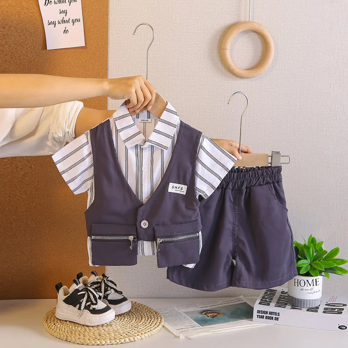 Boys Grey Stripes Attached Front Waistcoat Shirt With Shorts Sets Sets Grey 1-2 Y