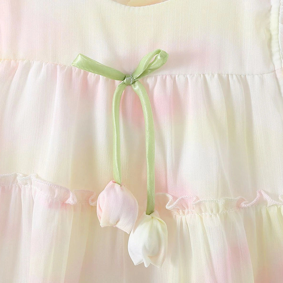 Girls White Printed Layered Dress With Tulip Applique Casual Dresses