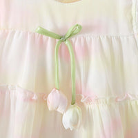 Girls White Printed Layered Dress With Tulip Applique Casual Dresses