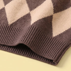 Girls Brown Diamond Jacquard Long Sleeve Cardigan Sweaters & Cardigans