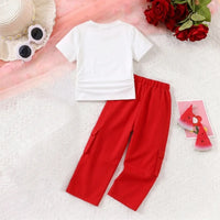 Girls Red Star Graphic Round Neck T-Shirt with Cargo Pants Sets Sets