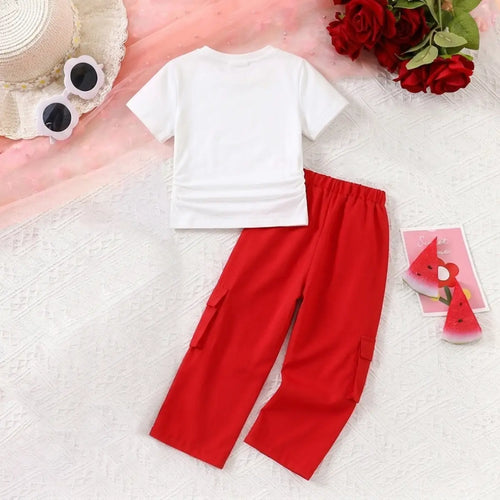 Girls Red Star Graphic Round Neck T-Shirt with Cargo Pants Sets Sets