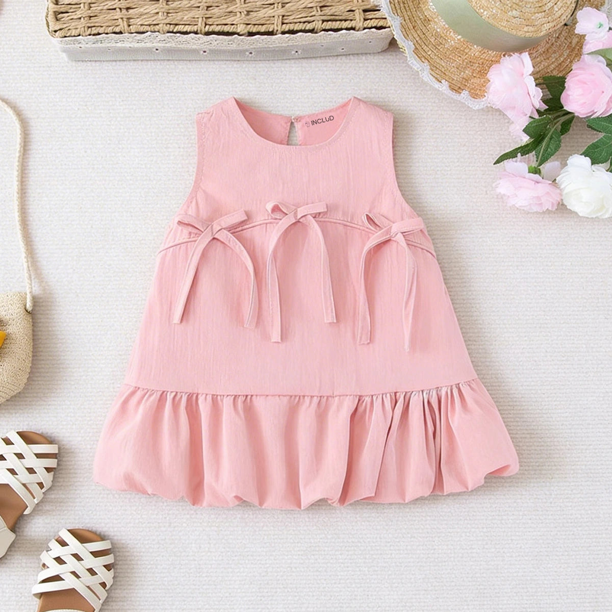 Girls Pink Sleeveless Ruffle Hem A-Line Dress With Bow Details Casual Dresses Pink 1-2 Y