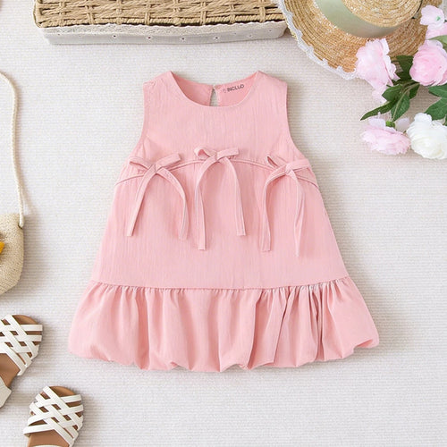 Girls Pink Sleeveless Ruffle Hem A-Line Dress With Bow Details Casual Dresses Pink 1-2 Y