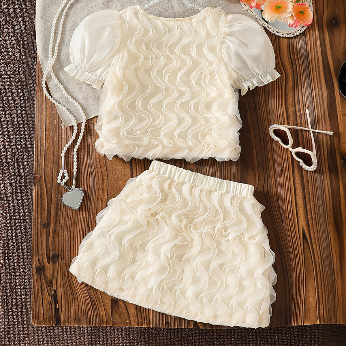 Girls Apricot Wave Mesh Ruffles Top & Skirts Co-ord Sets Sets