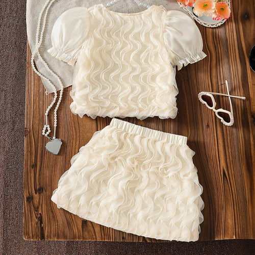 Girls Apricot Wave Mesh Ruffles Top & Skirts Co-ord Sets Sets