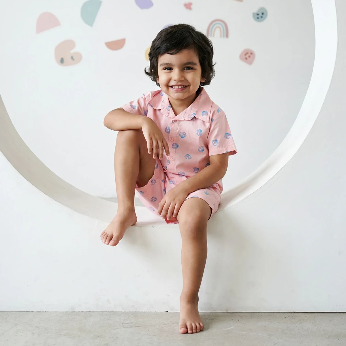 Boys Pink Seashell Printed Short Sleeve Shirt With Printed Elasticated Shorts Sets Sets